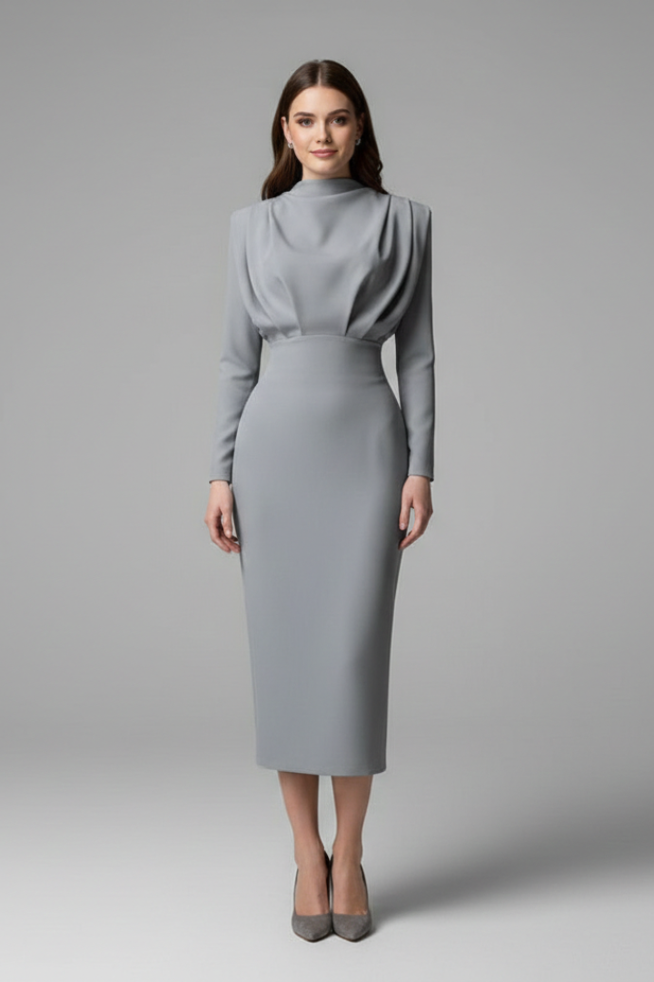 Formal high-neck long sleeve women's dress. Elegant ankle-length design for evening or special events.