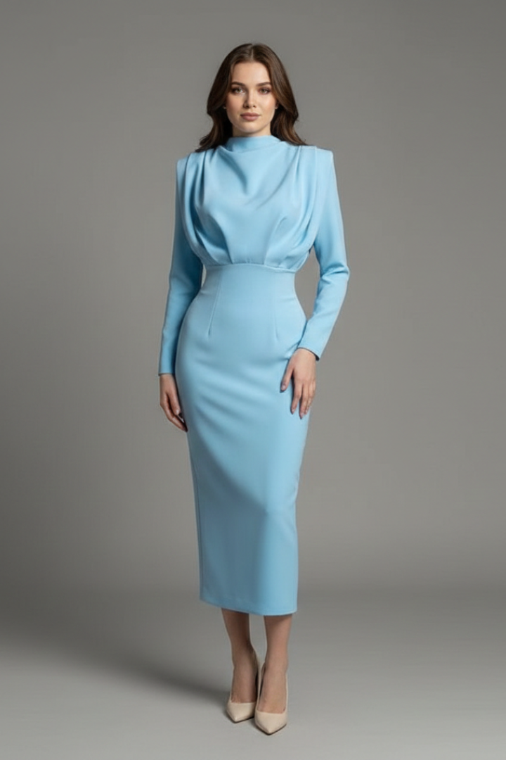 Women's party dress: elegant high-neck, long sleeve, ankle-length style. Perfect for winter fashion.