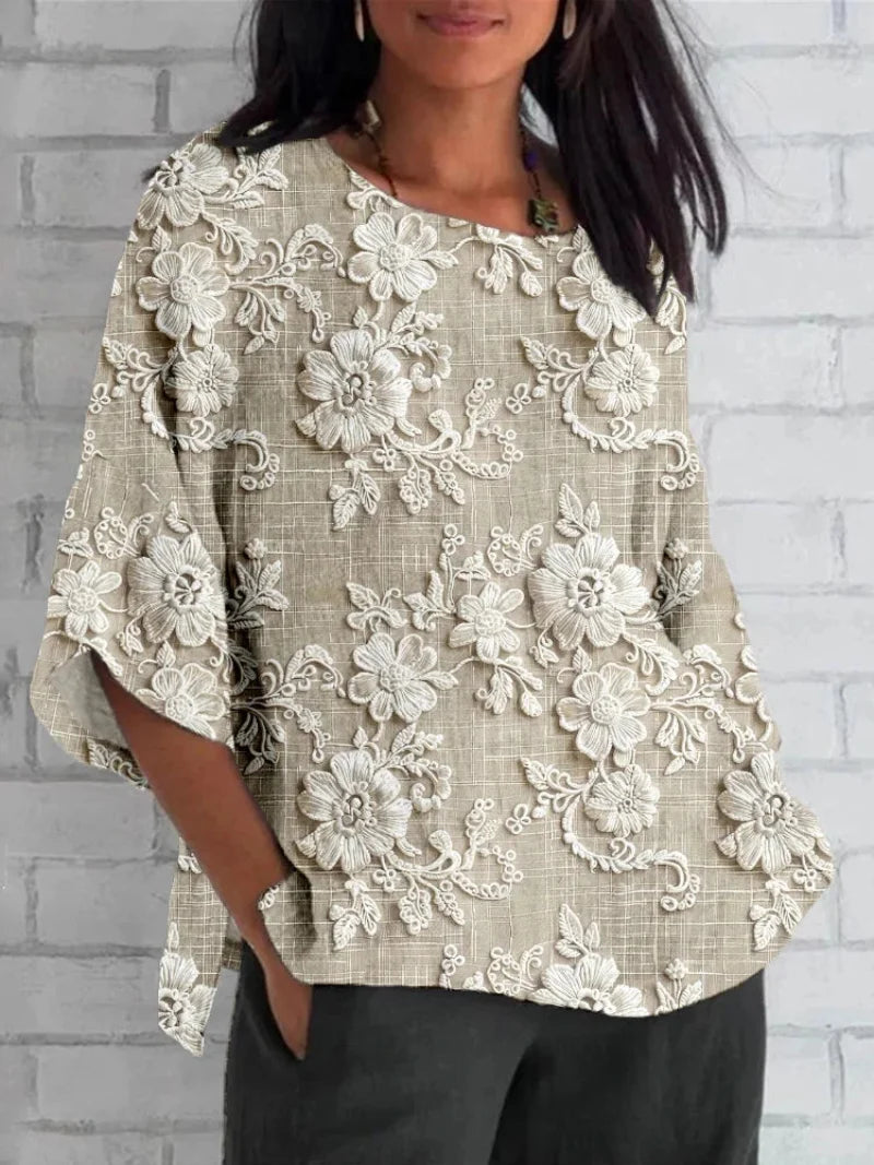 Elegant khaki women's vintage floral embroidered blouse with 3/4 sleeves, perfect for spring casual chic style.