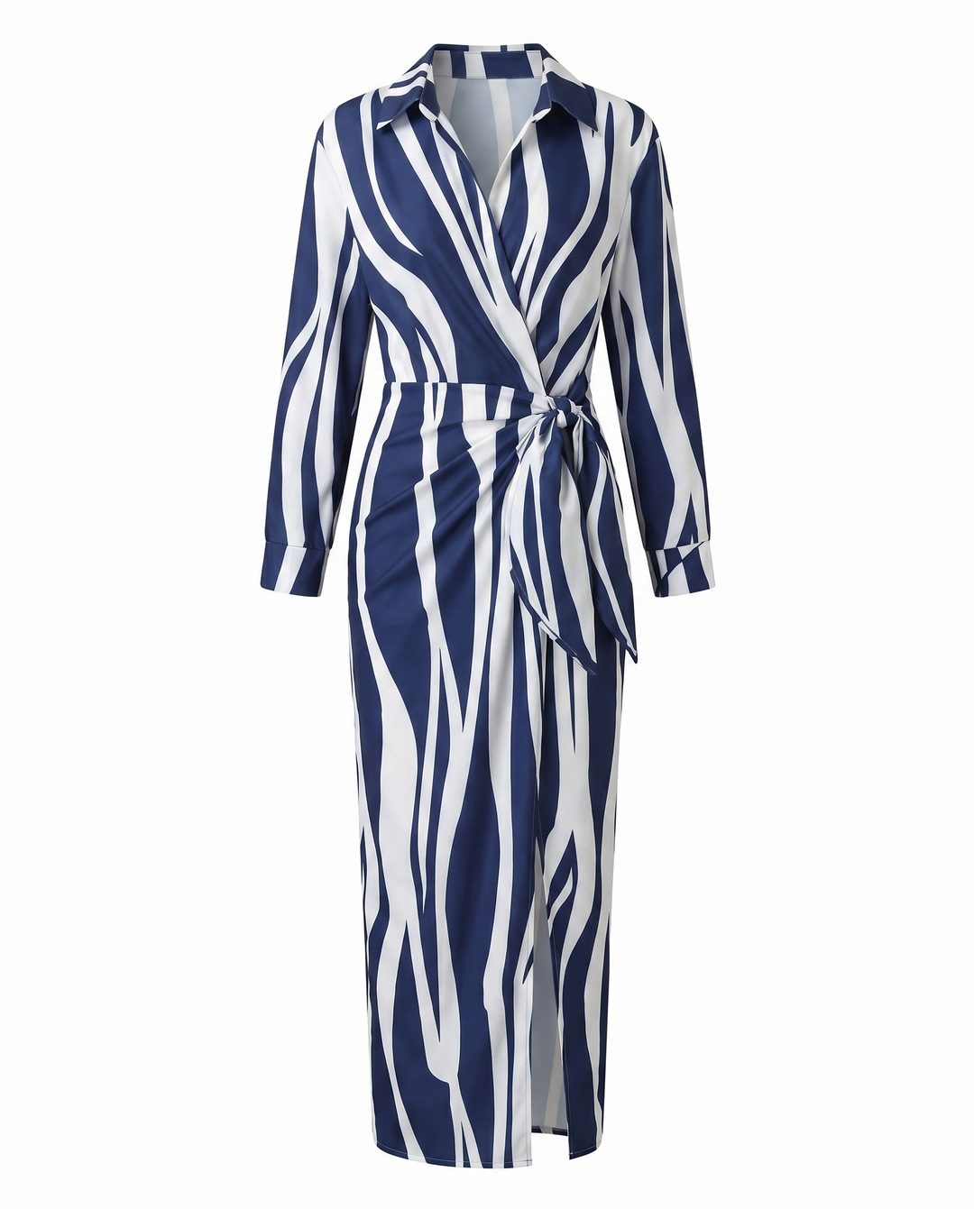 Chic leaf print long sleeve wrap maxi dress for women, featuring a high side slit.