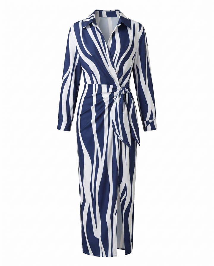 Chic leaf print long sleeve wrap maxi dress for women, featuring a high side slit.