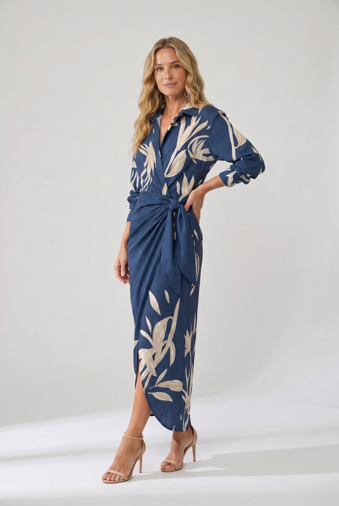 Chic collared leaf print wrap maxi dress for women, with a flattering side slit detail.
