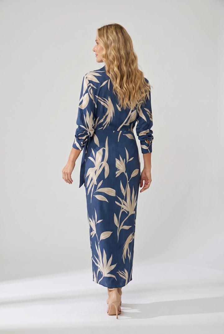 Fashionable women's elegant leaf print wrap maxi dress, ideal for any special occasion.
