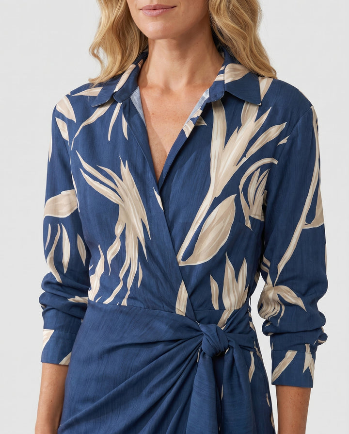 Summer occasion women's leaf print wrap maxi dress, V-neck style with a daring side slit.