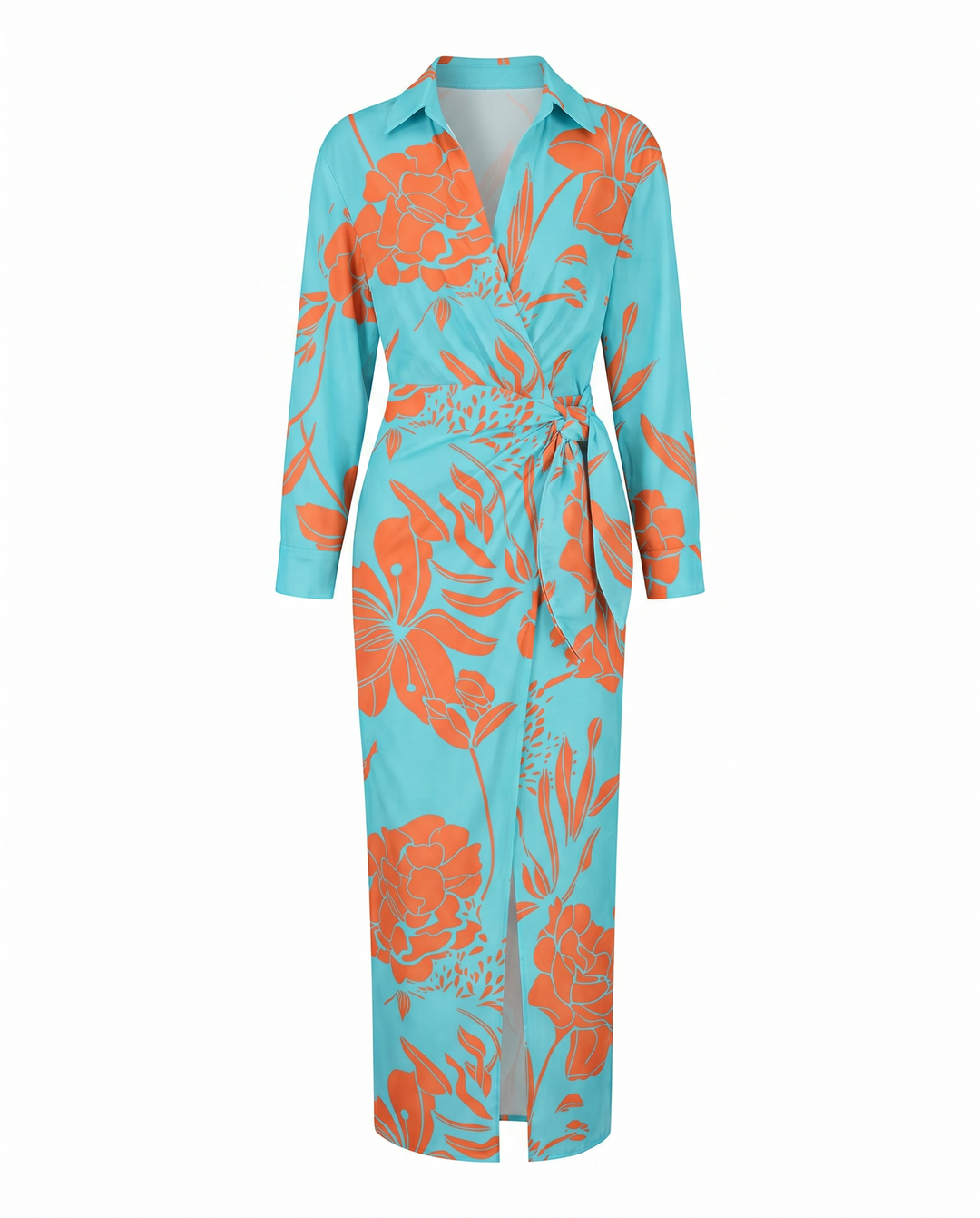Women's V-neck wrap maxi dress, elegant leaf print, perfect for a chic summer event.