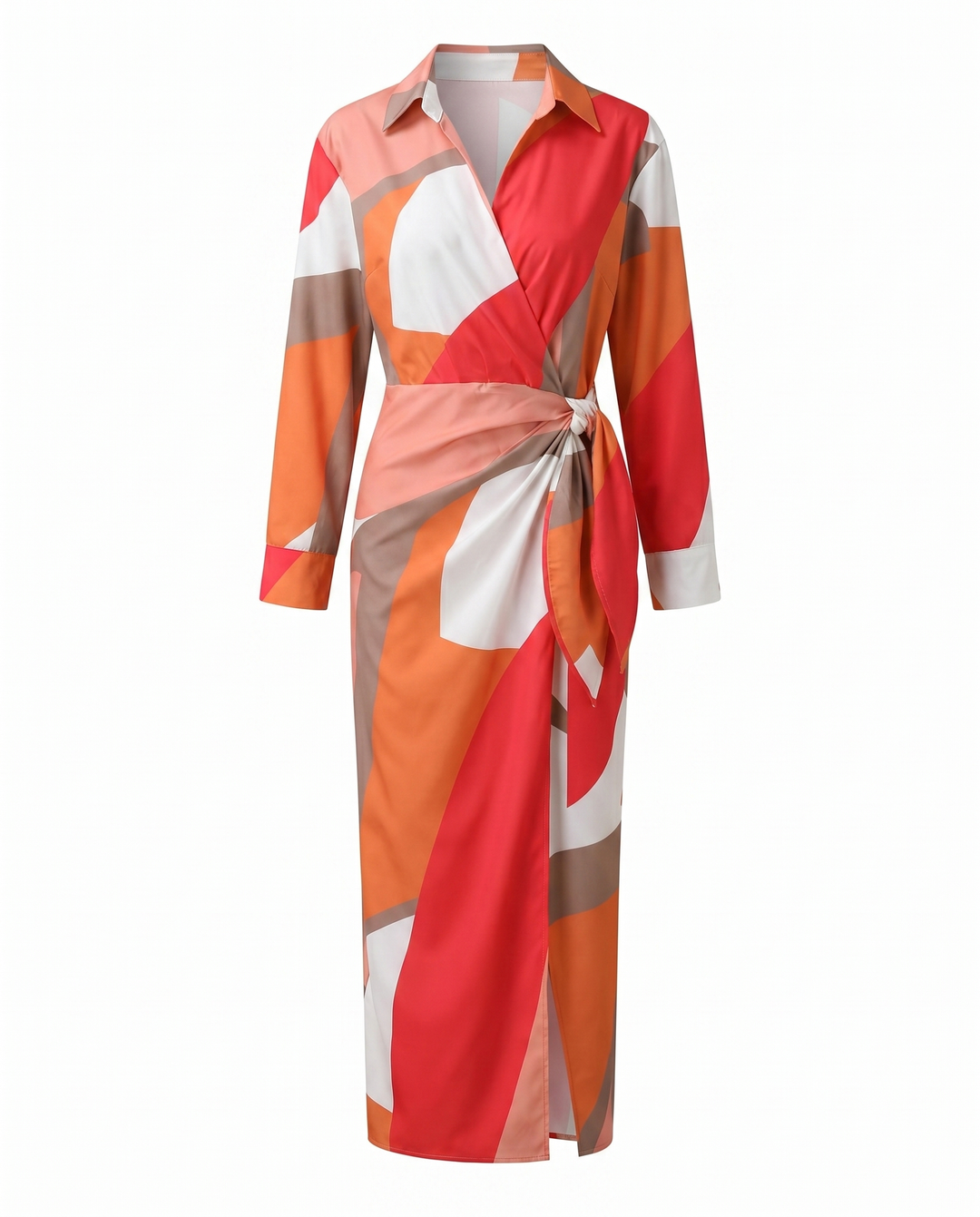 Stylish women's flowy leaf print wrap maxi dress, featuring a tasteful side slit and long sleeves.