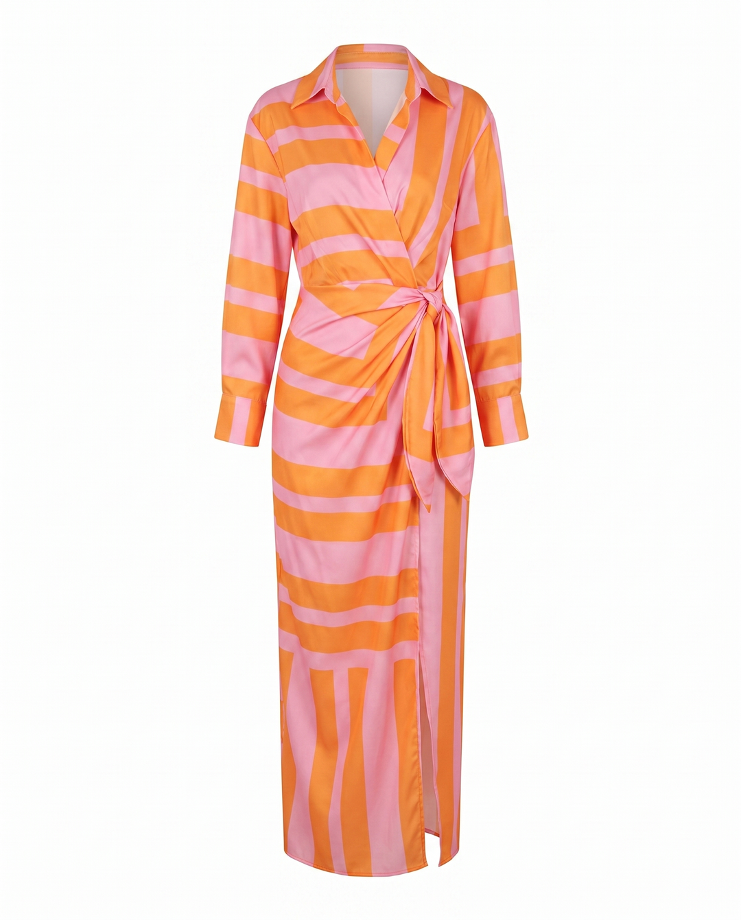 Elegant collared women's maxi dress, long sleeve leaf print wrap with a fashionable side slit.