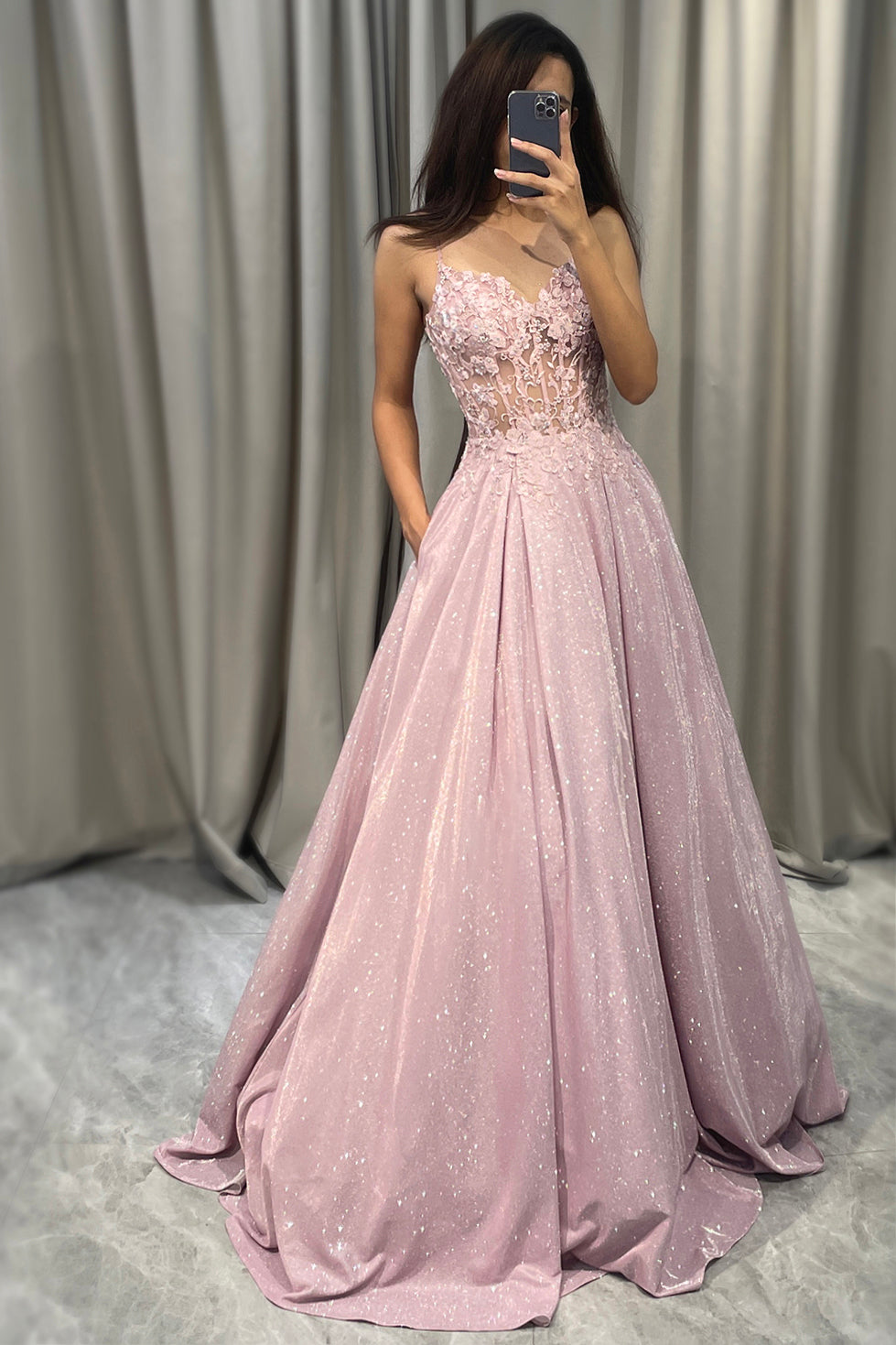 Elegant light pink embellished maxi dress for women, perfect for a wedding guest or formal evening event.