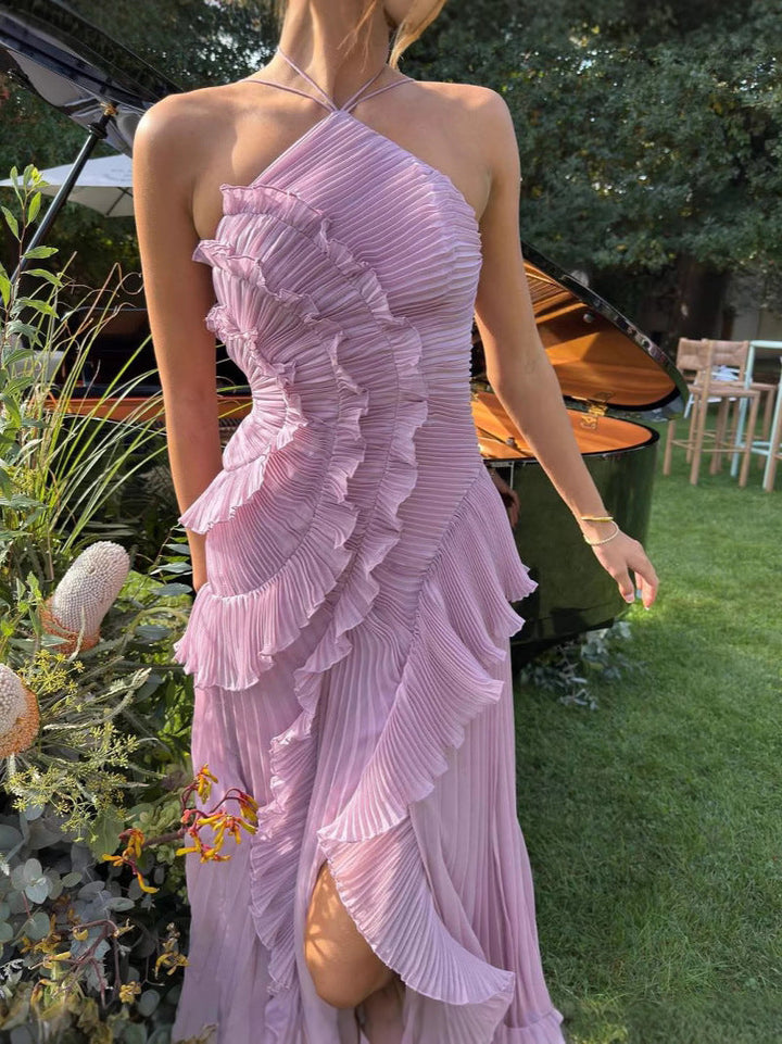Elegant women's sleeveless ruffled midi dress in lilac. Chic and versatile for any summer party or occasion.