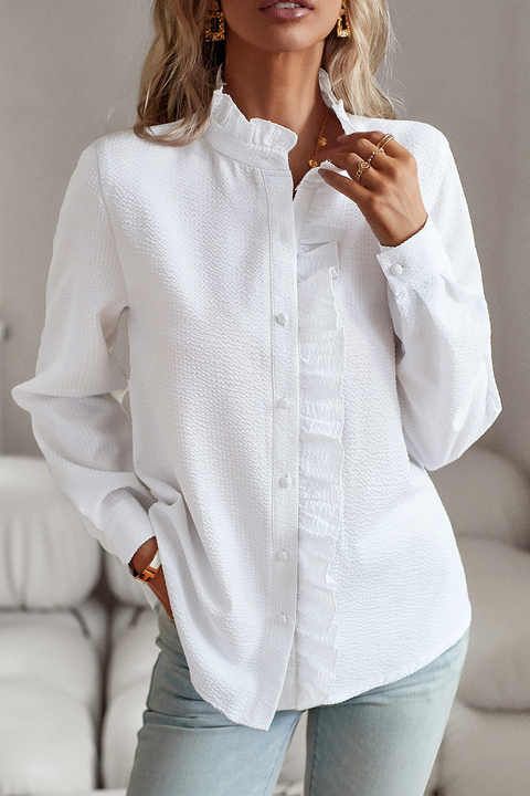 Stylish white long sleeve blouse for women, an elegant top for sophisticated office and everyday fashion.