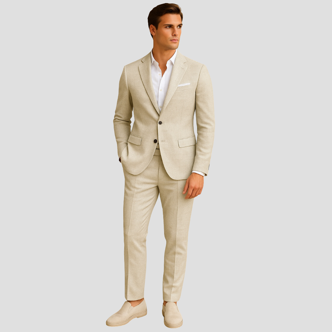 Elegant men's summer two-piece suit, lightweight and tailored for warm weather formal or smart casual events.