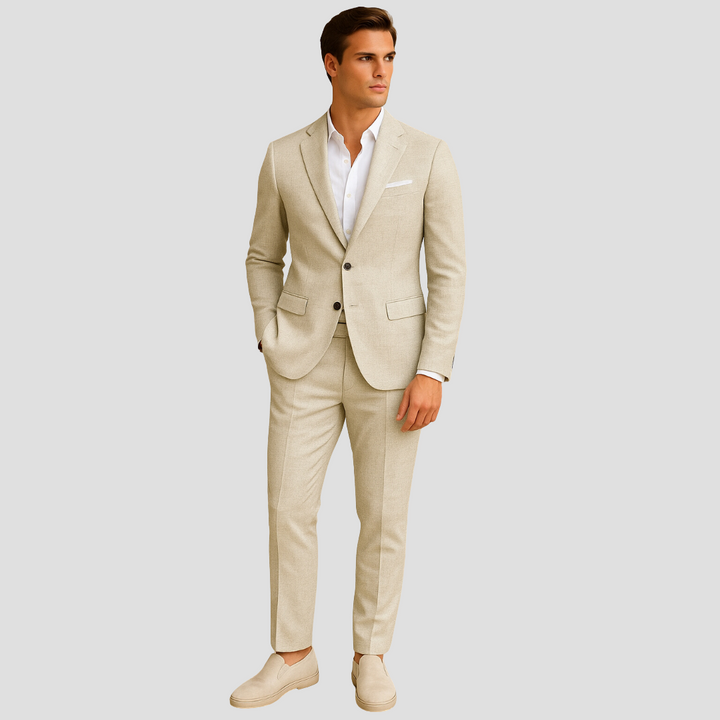 Elegant men's summer two-piece suit, lightweight and tailored for warm weather formal or smart casual events.