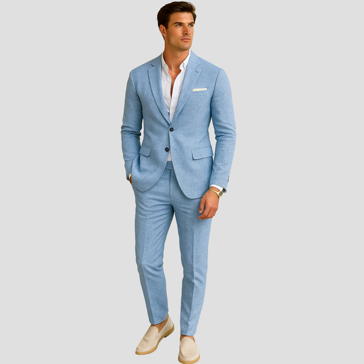Lightweight men's two-piece summer suit, ideal for warm weather smart casual events. Includes tailored blazer and pants.