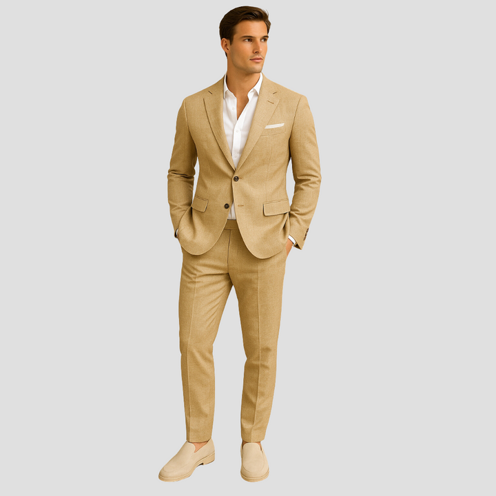 Stylish men's two-piece summer suit. Complete tailored formal wear for warm weather, featuring blazer and matching trousers.
