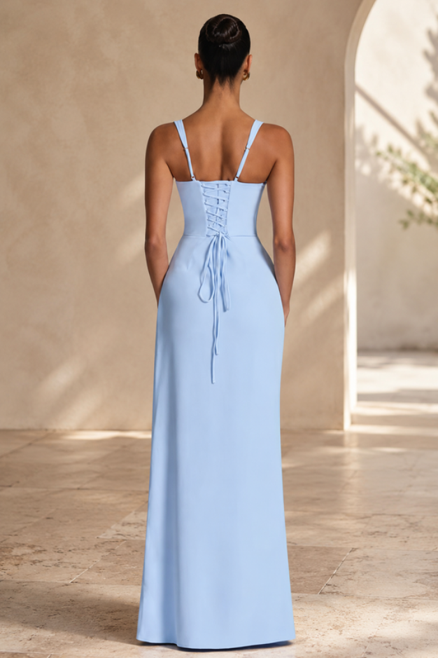 Flowing navy blue maxi evening gown for women, suitable for special occasion wear.