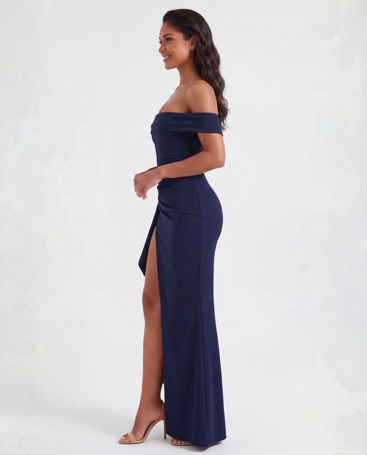 Versatile off-shoulder ruched bodycon maxi dress, suitable for parties, proms & elegant events.