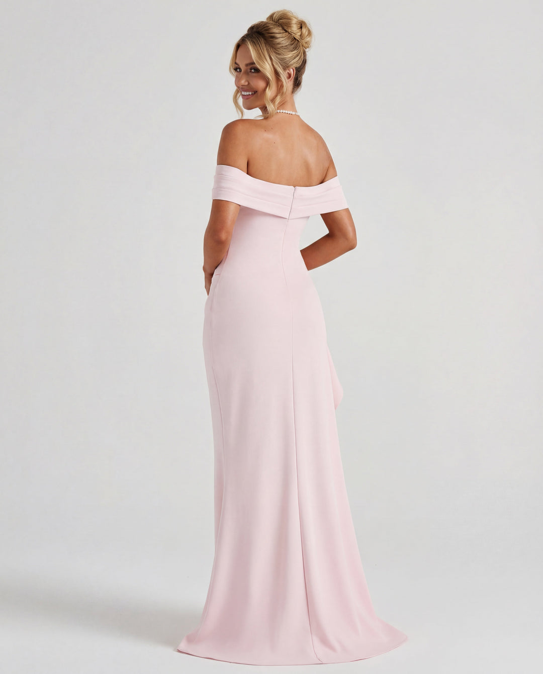Women's formal off-shoulder ruched bodycon gown, perfect for galas, proms & special events.