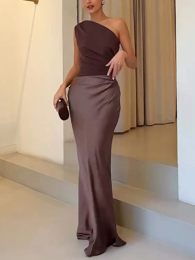 Women's one-shoulder pleated maxi dress. Elegant evening gown for parties & special occasions.