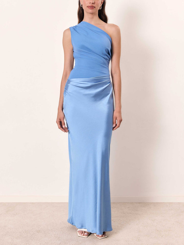 Women's elegant one-shoulder pleated maxi party dress. Ideal formal gown for evening & special events.