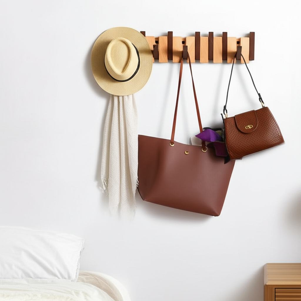 Elegant black & white piano key coat rack, wall mounted for entryway storage solutions.