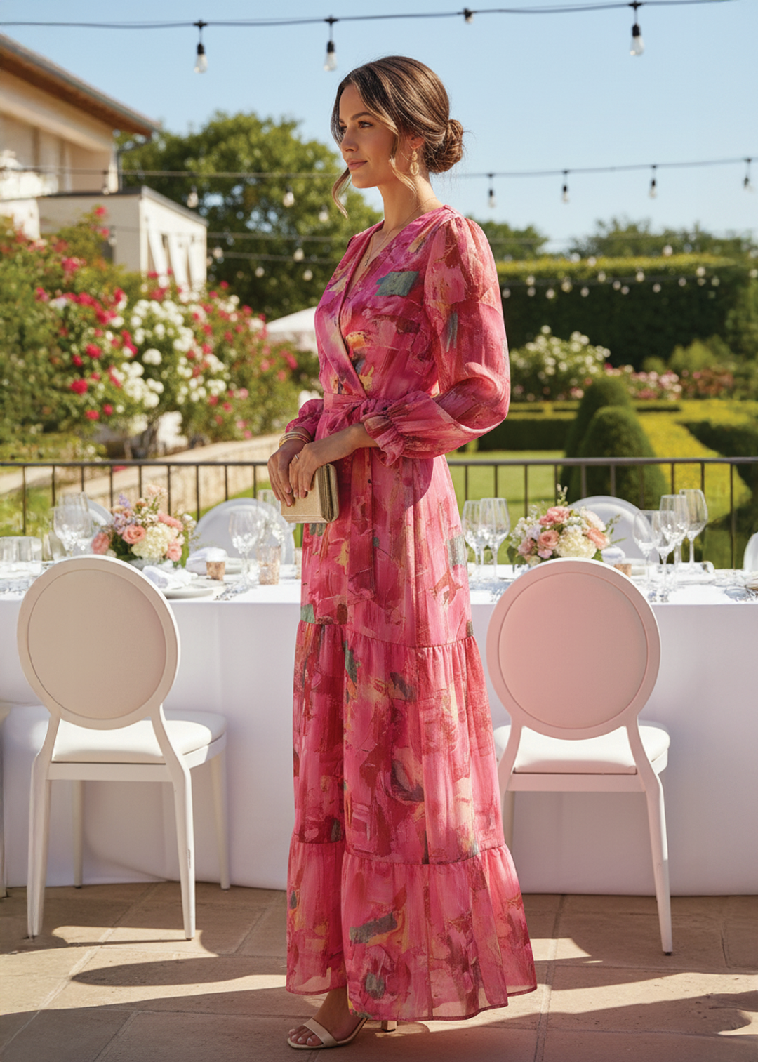 Women's sophisticated pink floral wrap maxi dress. Ideal elegant summer party or wedding guest attire with a flowy design.