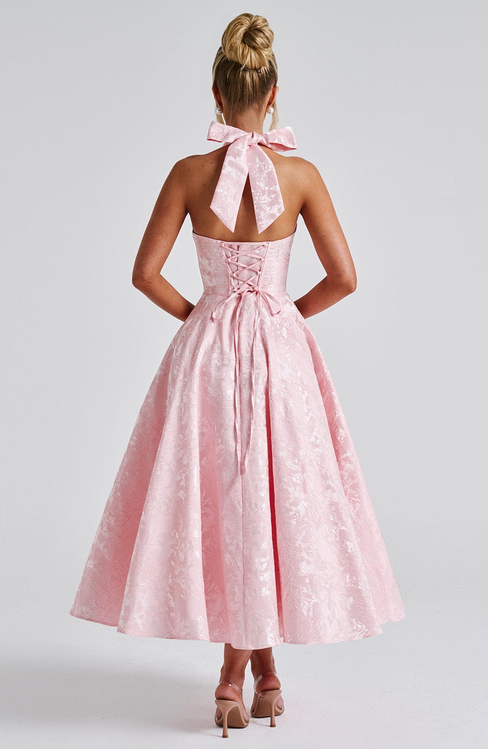 Sunny yellow halter neck midi dress, a chic and elegant option for women's special occasions.
