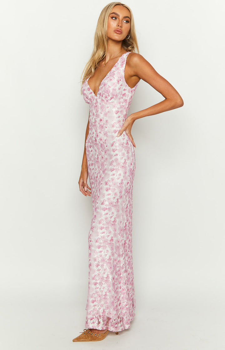 Full-length pink maxi dress for women, embodying elegant evening wear fashion