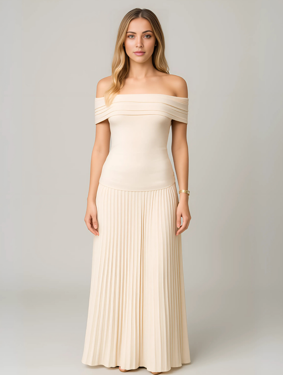 Elegant pleated maxi dress for women, ideal for wedding guests & formal evening events.