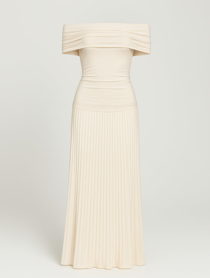 Stylish women's pleated maxi dress, a chic and elegant choice for wedding guests.