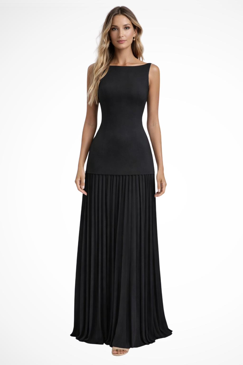 Women's long pleated evening gown, ideal for galas, proms, and special occasion wear.