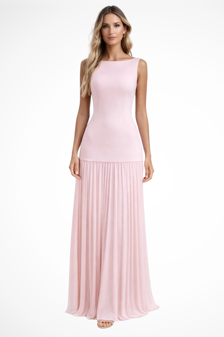 Formal women's maxi dress with elegant pleats, a timeless style for any upscale event.