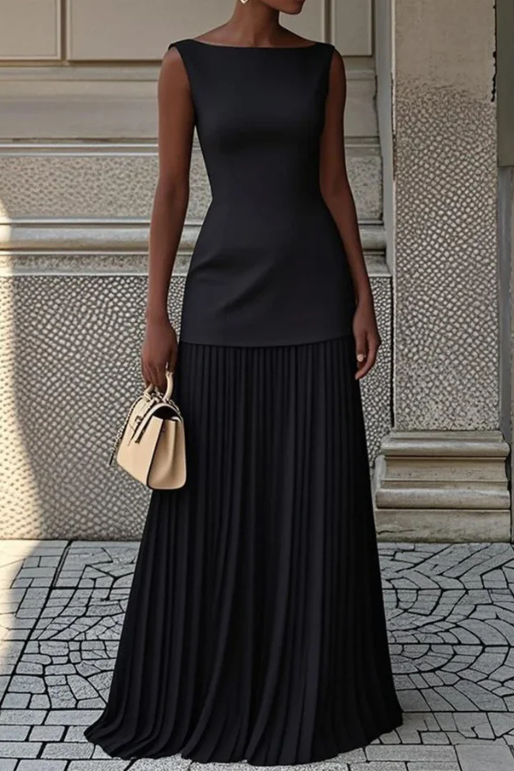 Timeless women's elegant pleated maxi dress, perfect for formal occasions and evening wear.