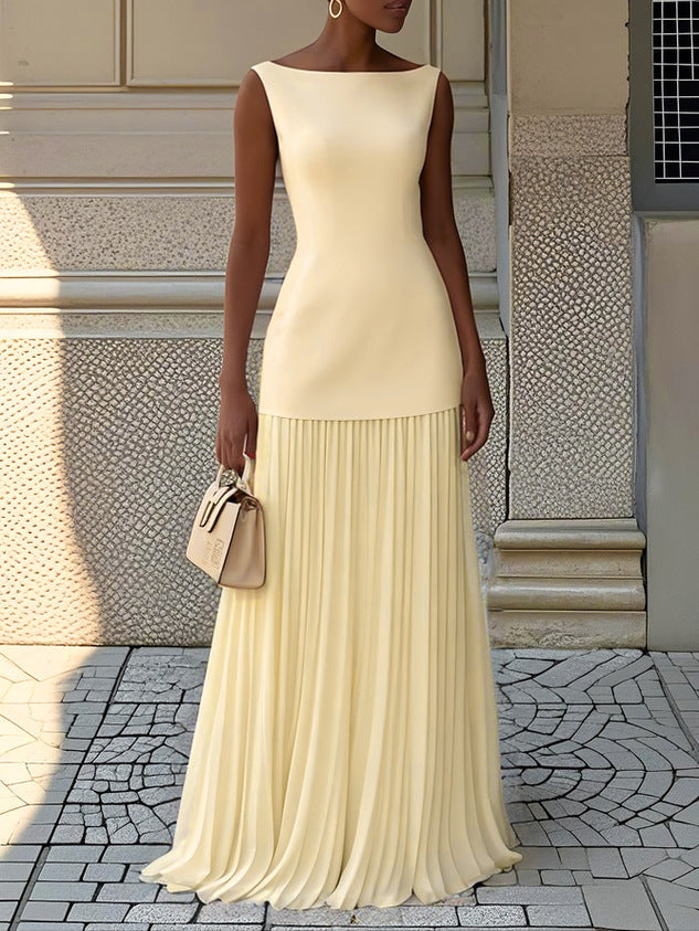 Comfortable blue pleated sleeveless maxi dress for women, elegant and flowy, great for summer fashion & events.