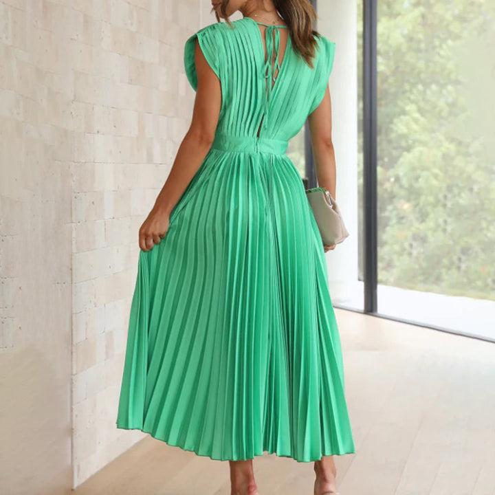 Elegant women's party dress, a pleated V-neck midi perfect for wedding guests.