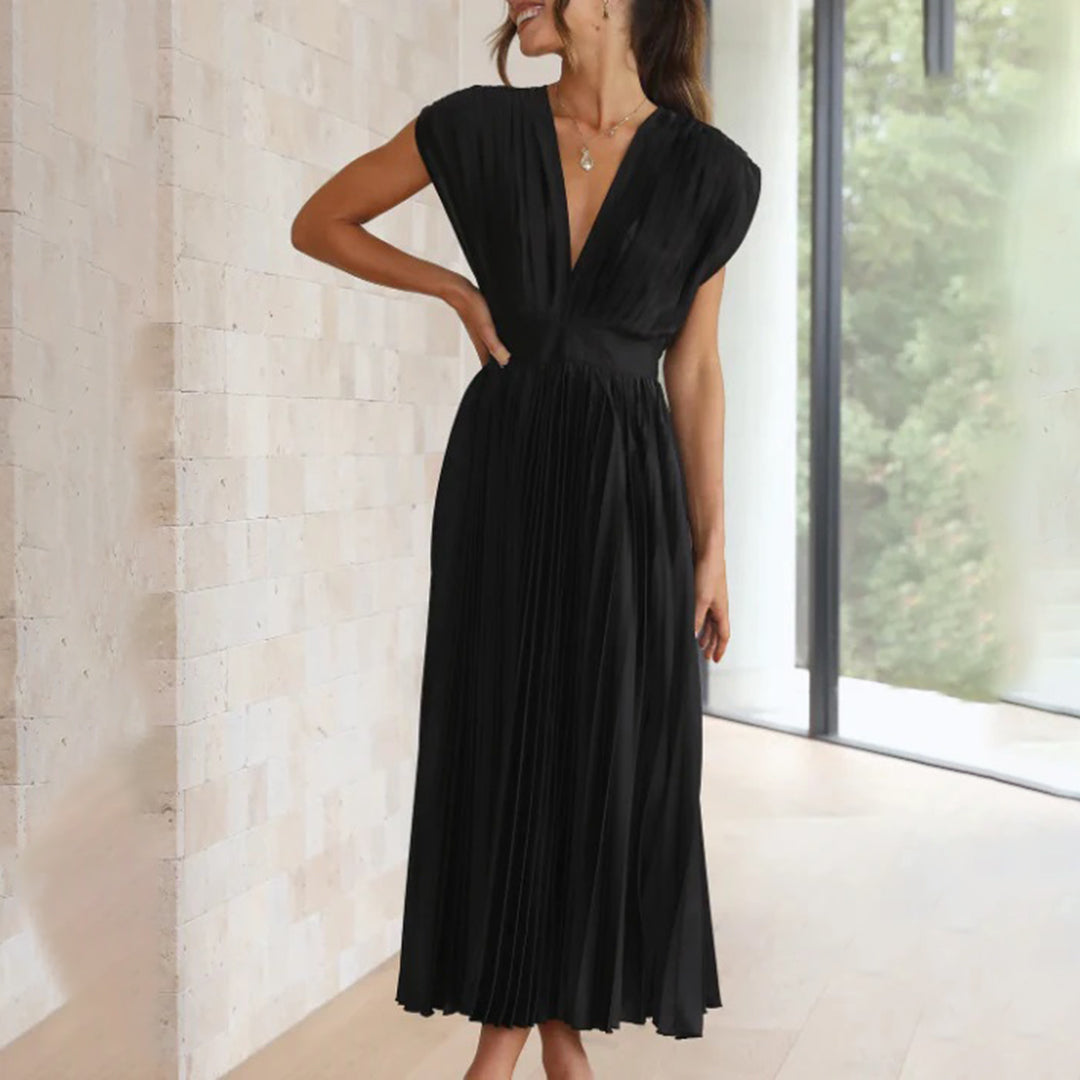 Formal women's summer midi dress, a pleated V-neck design ideal for wedding guests.
