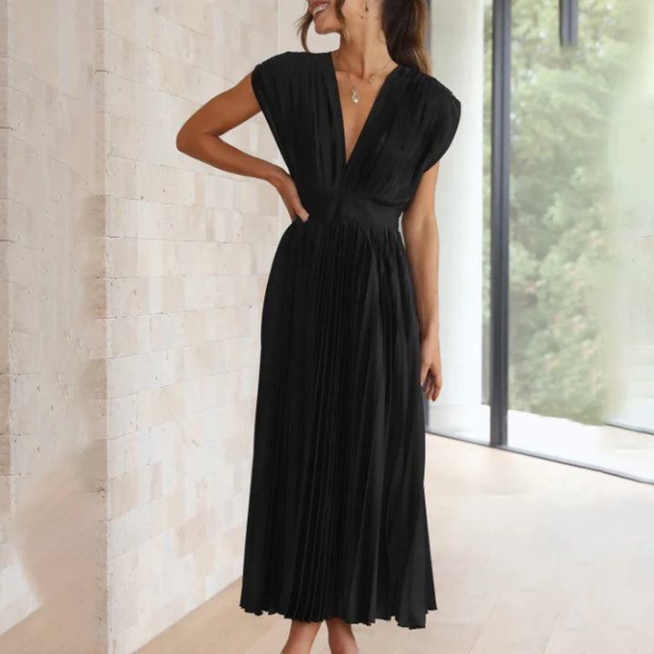 Formal women's summer midi dress, a pleated V-neck design ideal for wedding guests.