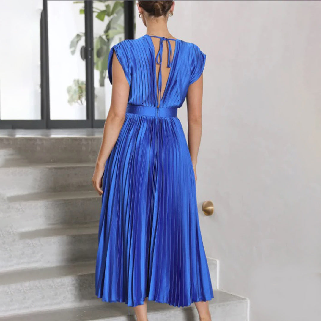 Women's stylish special occasion dress, a pleated V-neck midi perfect for parties.