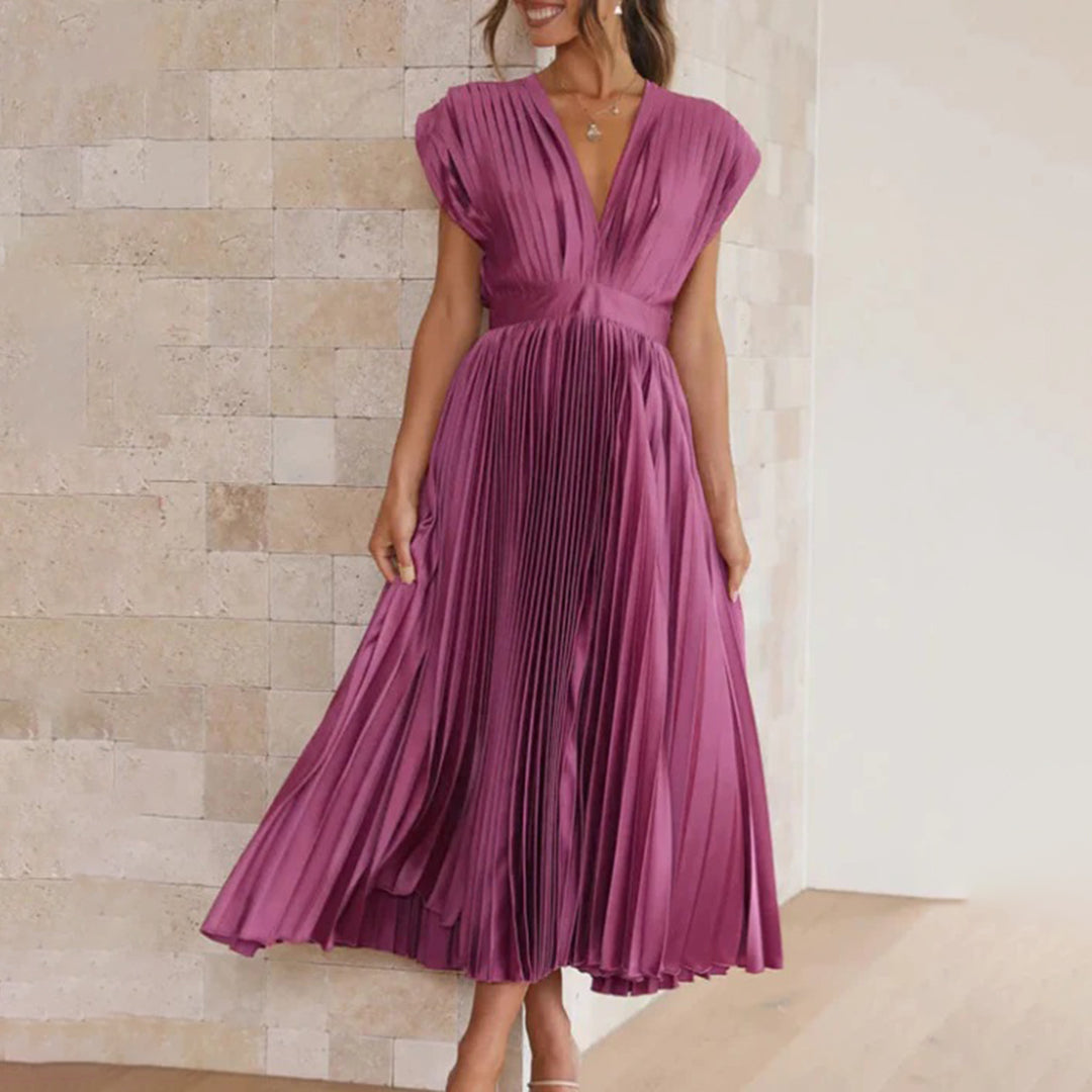 Women's formal pleated V-neck midi dress, ideal for weddings, special occasions, or evening wear.
