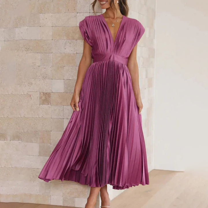 Women's formal pleated V-neck midi dress, ideal for weddings, special occasions, or evening wear.