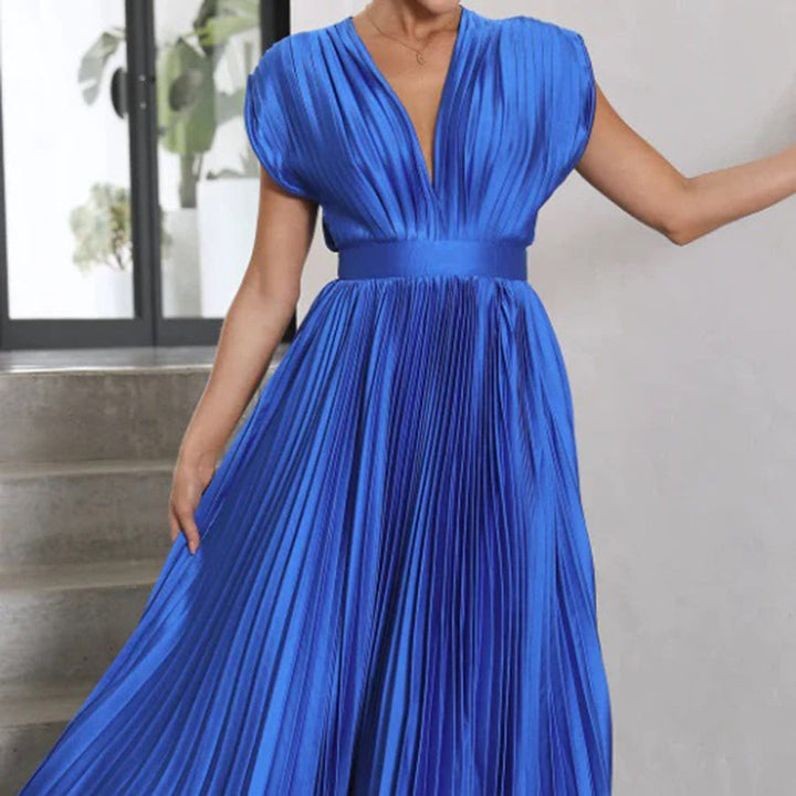 Beautiful women's V-neck pleated midi dress, an elegant choice for wedding guests & formal events.
