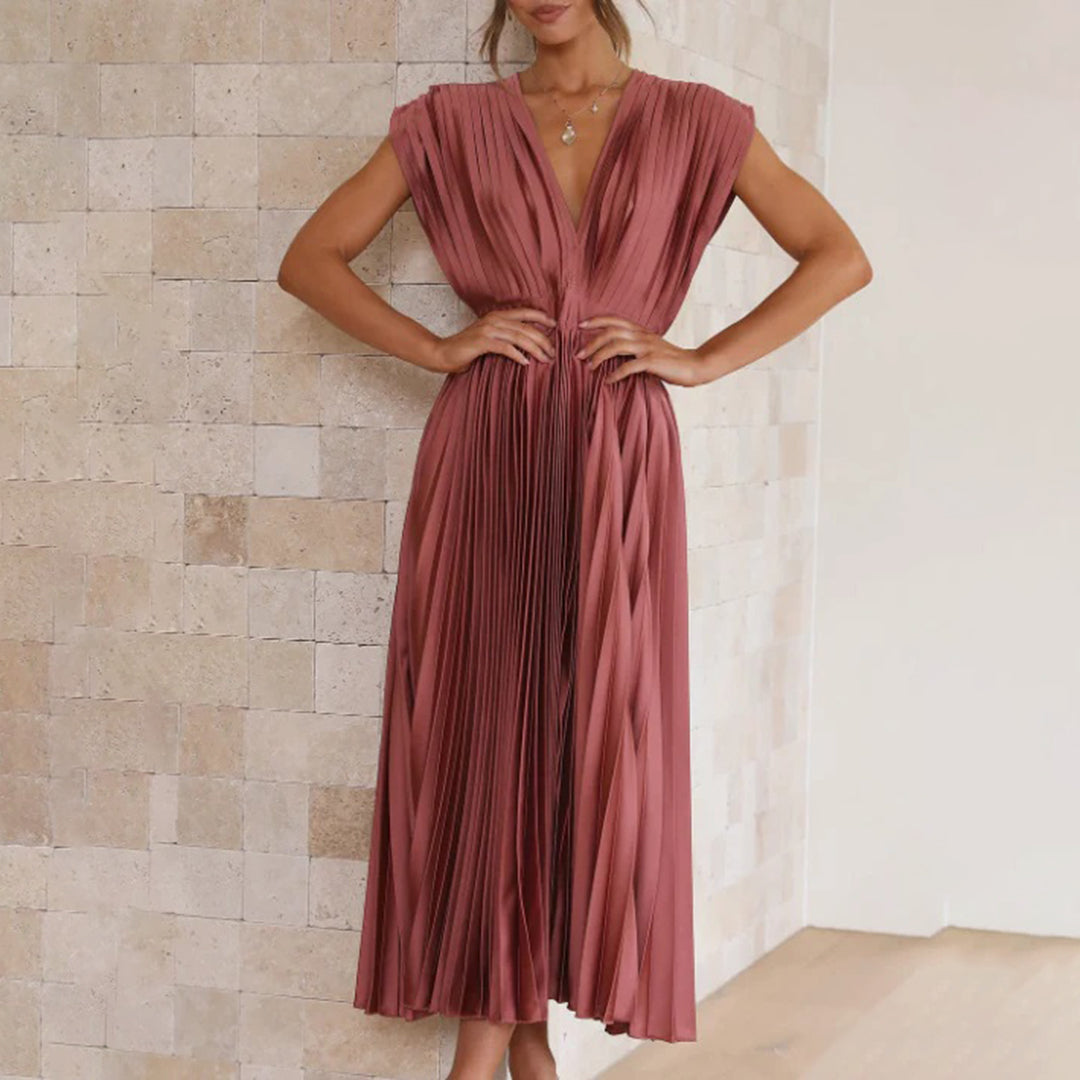 Spring special occasion V-neck midi dress for women, a beautiful pleated formal style.