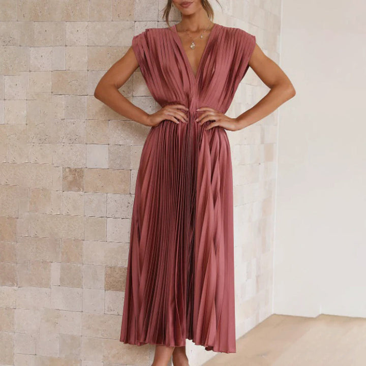 Spring special occasion V-neck midi dress for women, a beautiful pleated formal style.