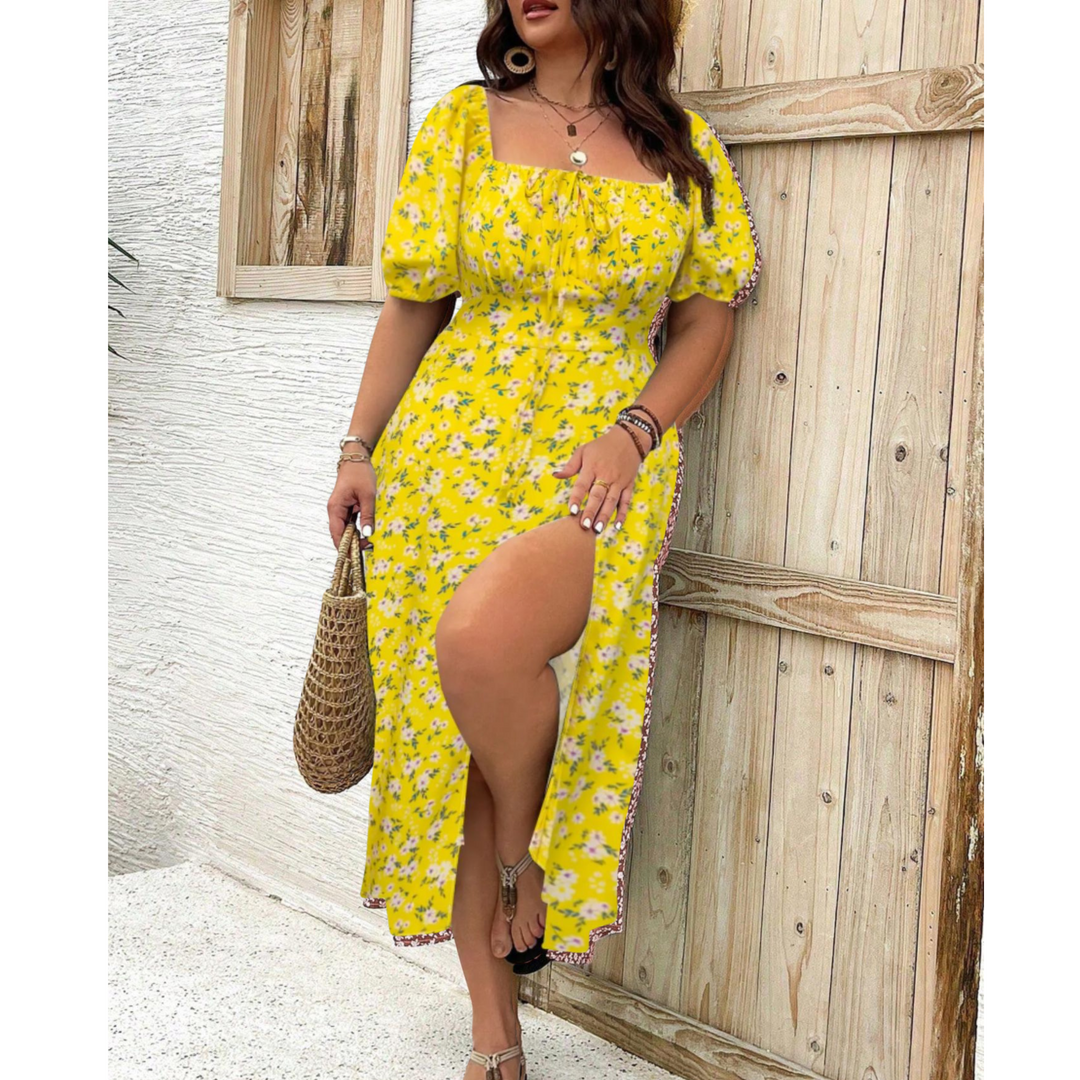 Full-figure elegant puff sleeve maxi dress, designed for comfort and style in any setting.