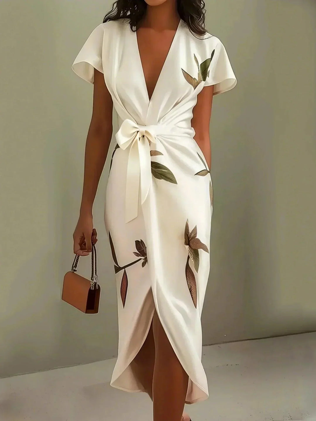 Elegant printed wrap midi dress with a flattering tie waist and chic V-neck for women.