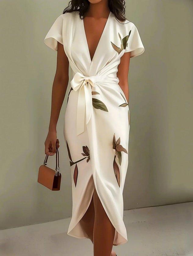 Flattering women's printed V-neck wrap midi dress with short sleeves and adjustable tie waist.