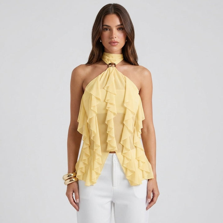 Sophisticated black women's formal sleeveless halter top, with a tie-back cascading ruffle design.