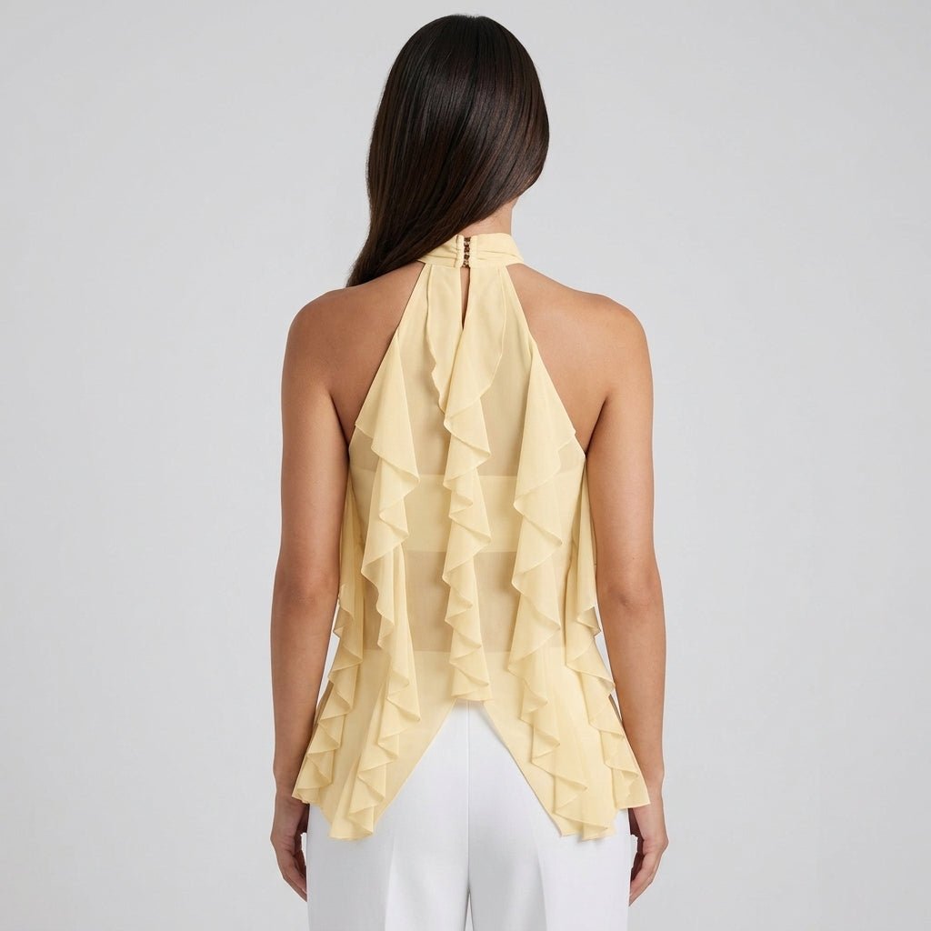 Women's yellow cascading ruffle halter blouse, a chic sleeveless formal top for evening wear.