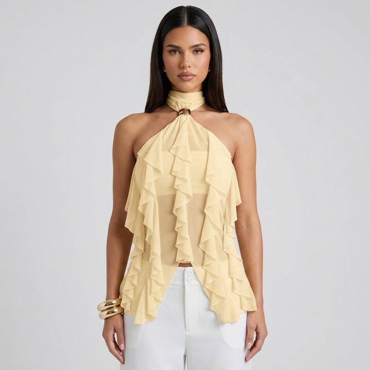 Purple sleeveless formal halter top with cascading ruffles, elegant women's evening blouse.