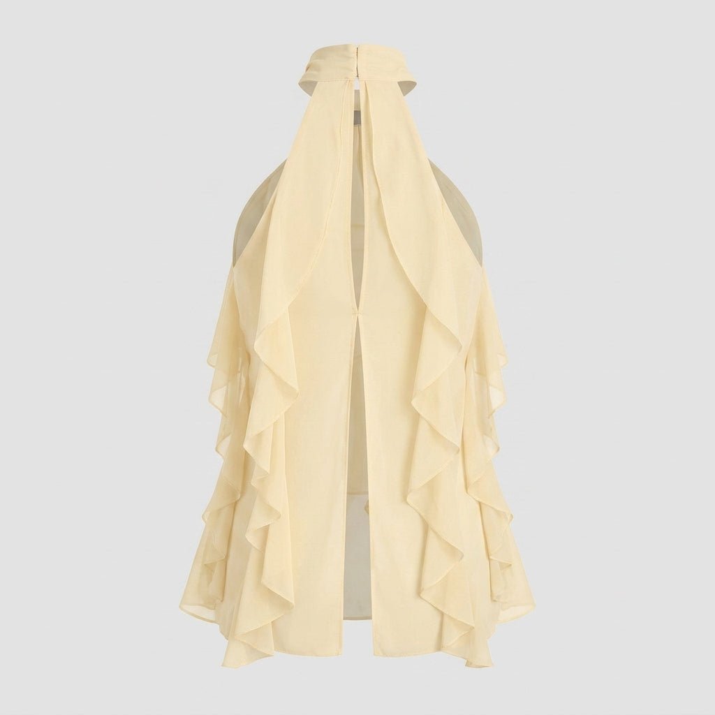Yellow women's chic sleeveless halter blouse, with cascading ruffles for formal evening wear.