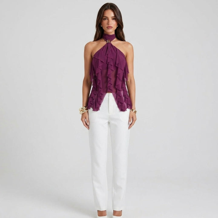 Sophisticated yellow formal halter top, women's sleeveless blouse with cascading ruffles & mock neck.